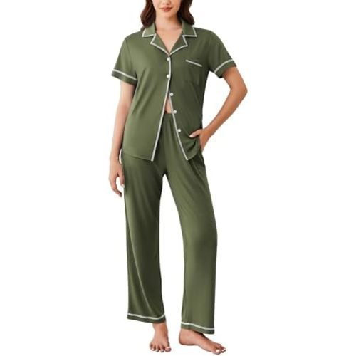 Ekouaer Button Up Pajamas for Women Short Sleeve with Long Pants Two-Piece Sleepwear Soft Pjs Set