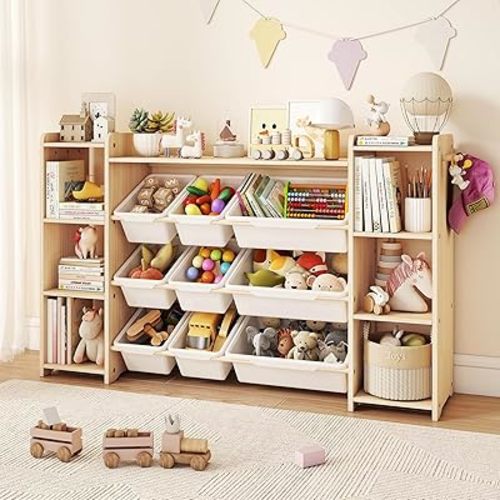 Toy Storage Organizer, Kids Bookcase with 6 Shelves, 9 Toy Bins & 6 Hooks | Toy Shelf, Storage Bin Unit, Toy Box for Playroom, Nursery, Bedroom, Toddler Room | Wood & White