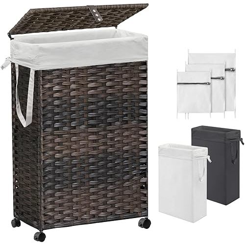 70L Slim Laundry Hamper with Lid & Wheels, Rolling Laundry Basket with 2 Removable Liner Bags & 3 Mesh Bags, Narrow Dirty Clothes Basket, Foldable Handwoven Rattan Laundry Sorter, Brown