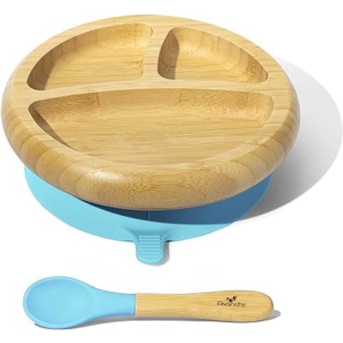 Avanchy Baby Plates Divided Bamboo with Suction for Babies Kids Toddler Food with Silicone Spoon for Feeding (Blue)
