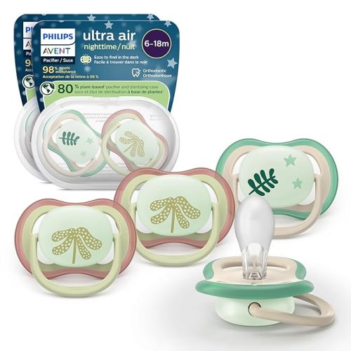 Philips Avent Ultra Air Nighttime Pacifiers - Orthodontic Design, for Babies 6-18 Months, Glow in The Dark, Soft Silicone Symmetrical Nipple, BPA-Free, with 2 Sterilizing Cases, 4 Pack, SCF376/36