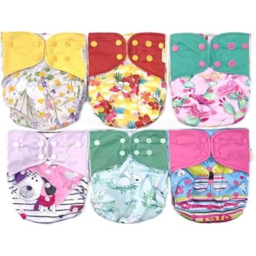Waterproof Cloth Diapers with one-fit-All Double Gussets Design Packed with 6pcs Diaper Shells for Baby Girls and Boys(Without Insert)