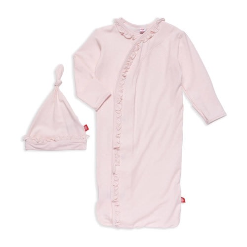 pin dot pink modal magnetic cozy sleeper gown + hat set with ruffles