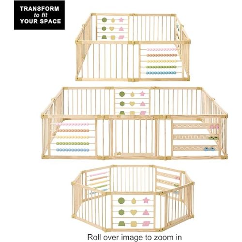 ZETY Natural Wood Baby Playpen – 8 or 10 Panel Foldable Play Yard with Door Panel and Built-in Toys, CPC Certified & SGS Tested