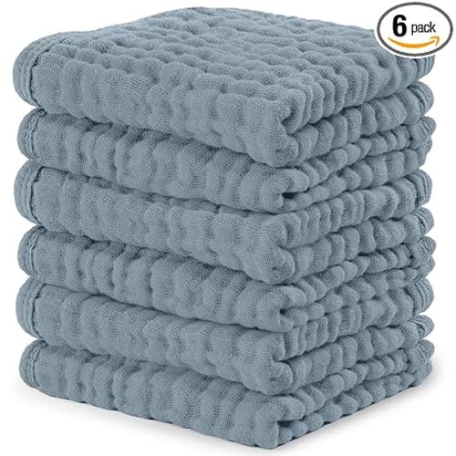 Comfy Cubs Muslin Baby Washcloths 6 Pack - Soft 6-Layer Cotton Wash Cloths for Sensitive Skin - 10"x10" Large, Gentle, Absorbent Infant Essentials for Newborn and Toddlers - Pacific Blue