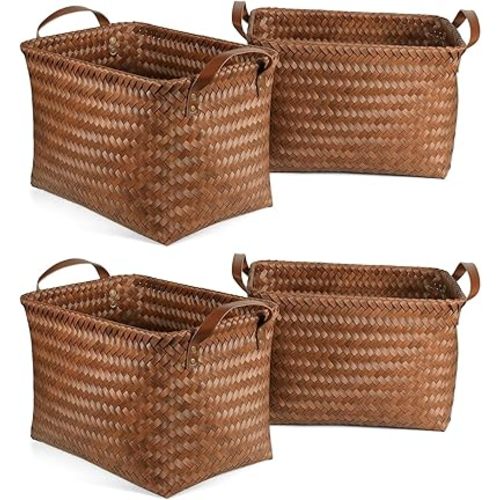 15L Laundry Baskets Waterproof Storage Baskets For Shelves Large Laundry Hamper With Leather Handle -set of 4 Cube Organizers Woven Bins for Bathroom,Bedroom,Pantry,Clothes,Car & Towels-Brown