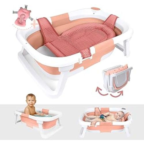 BEBELEH™ Collapsible Baby Bathtub – Bathtub + Baby tub Sling + Newborn Sling – Baby Bathtub Newborn to Toddler 0-24 Months – The Ultimate Travel Baby Bath Tub and Everyday Use! (Pink)