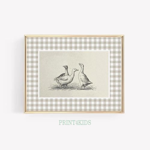 Duck Wall Art, Vintage Wall Prints For Kids Room, Duck Nursery Decor, Gender Neutral Nursery Prints, Gingham Farmhouse Nursery Decor