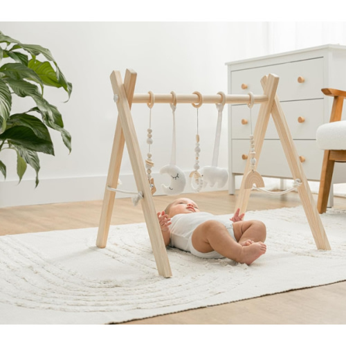 Comfy Cubs Wooden Baby Play Gym - Natural Finish Pinewood Baby Activity Gym with 5 Sensory Hanging Toys - Easy No-Tool Assembly, Safe and Durable for Infant Motor and Visual Development - Natural Wood