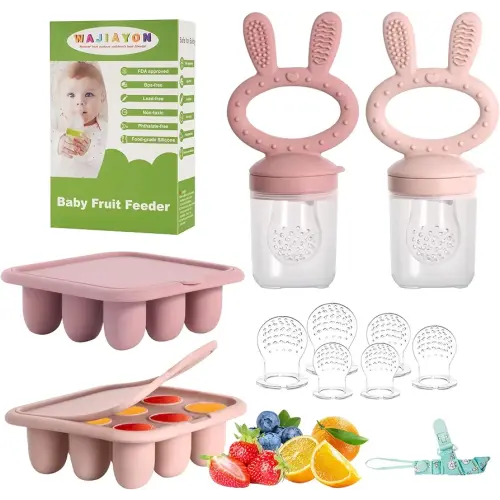 WAJIAYON Baby Breastmilk Popsicle Molds & Baby Fruit Feeder (4 Pack), Infant Food Freezer Tray Storage Containers, Silicone Teething Pacifier Feeder and Teether for Babies（Pink&Purple）