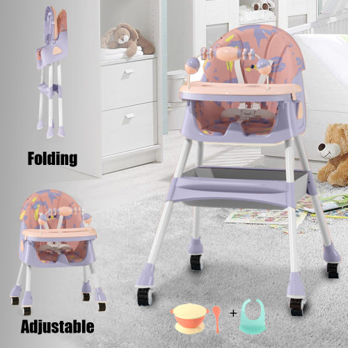 MONEHANE 4-in-1 Baby High Chair Portable Toddler Baby Dining Chairs Eat & Play Convertible High Chair with Five-point Snap Button, Dinner Plate and Toy Rack, Purple