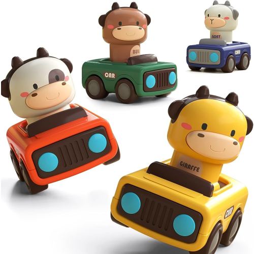 iPlay, iLearn Press and Go Car Toys for Toddlers 1-3, Baby Animal Racing Cars, Infant Play Vehicle Set, Baby Push Go Friction Car Toys for 6-9-12-18 Months, 1st Birthday Gifts for 1-2 Years Old Boys