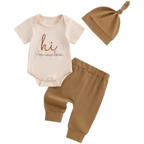 Newborn Baby Boy Girl Clothes Im New Here Printed Romper Bodysuit Pants Set with Hat Coming Home Hospital Outfits