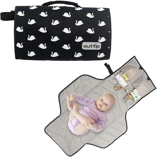Toddler Extra Long Lightweight Portable Diaper Changing Mat with Storage Pockets,Swan Waterproof Foldable Travel Changing Pad,On The Go Wipeable Reusable Changing Pad for Car Diaper Bag