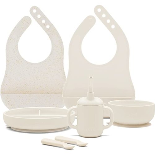 Lalo First Bites Silicone Baby Feeding Set - Baby Led Weaning Supplies - Non-Toxic Silicone - Includes 2 Bibs, 2 Spoons, Training Cup, Suction Plate and Bowl - 6 Pieces - Oatmeal
