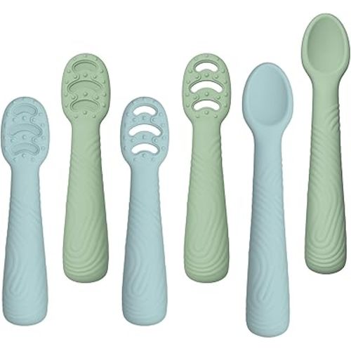 Baby Spoons Self-Feeding 6+ Months, 6 Pack Silicone Training Spoon Set for Baby Led Weaning, 3-Stage & Easy Grip First Utensils for Toddlers Learning Eating Essentials, Dishwasher Safe (Blue Green)