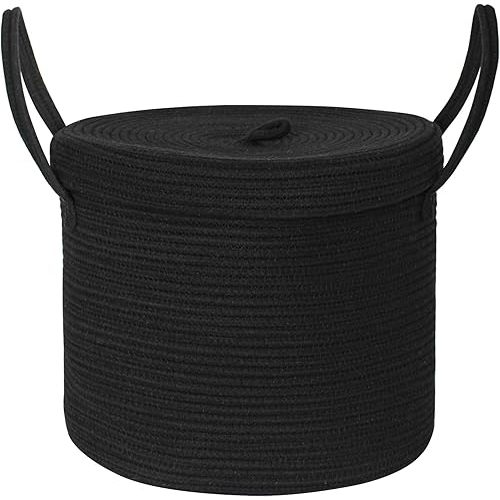 Large Black Basket with Lid, Cotton Rope Storage Basket - BLACK