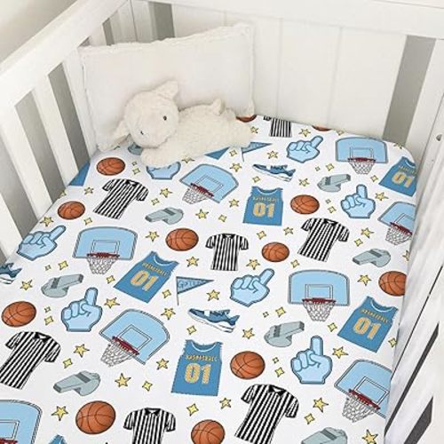 Funny Basketball Baby Crib Sheet 52''x28'' Basketball Sports Snug Fitted Crib Mattress Cover for Boy Girl Basketball Balls Hoop Uniform Soft Nursery Baby Sheets for Standard Crib Toddler Mattress