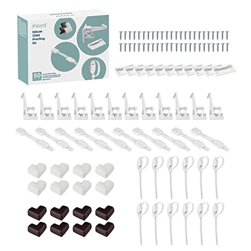 Inaya Complete 50pc Deluxe Baby Proofing Kit - Flexible Hidden Baby Locks for Cabinets and Drawers, Adjustable Child Safety Latches, Corner Guards & Furniture Anchors