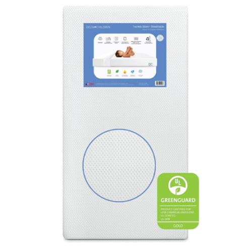 Delta Children Twinkle Stars Crib and Toddler Mattress with Breathable, Removable Machine-Washable Cover - GREENGUARD Gold - Waterproof Baby Bed - Sustainably Sourced Fiber Core - 52”Lx27.5”W, White