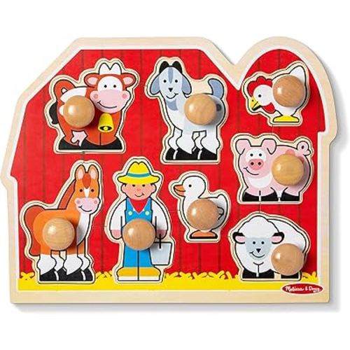 Melissa & Doug Farm Animals Jumbo Knob Wooden Puzzle - Wooden Peg Chunky Baby Puzzle, Preschoool Learning, Knob Puzzle Board For Toddlers Ages 1+