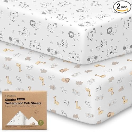 2-Pack Waterproof Crib Sheets for Boys, Girls - 52x28 Fitted Organic Cotton Baby Crib Sheets, Toddler Mattress Protector Cover, Washable, Soft & Durable Baby Bedding Essentials (KeaSafari)