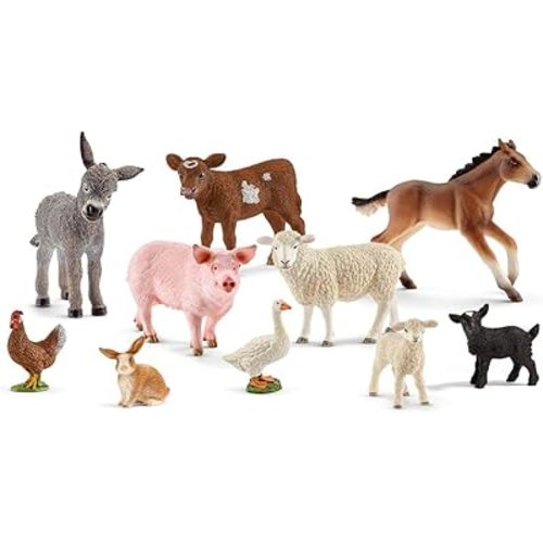 Schleich Farm World - 10 PC Farm Animal Playset with Cow, Donkey, Chicken, Pig, Bunny, Horse Toys and More -Realistic Barnyard Figurines - Fun Educational Figures For Kids and Toddlers Ages 3+ - 77585