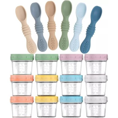 12-Pack Glass Baby Food Storage Jars with Lids, 6-Pack Silicone Baby Self-Feeding Spoons – BPA-Free, Leakproof, Freezer Safe Jars