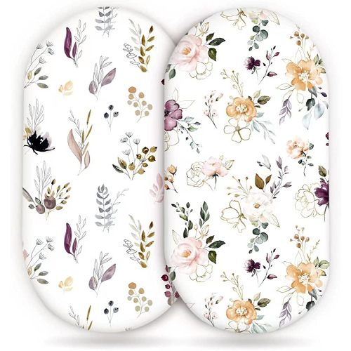 GRSSDER Stretchy Ultra Soft Fitted Bassinet Sheet Set 2 Pack, Universal Fit for Bassinets Baby Cradle Moses Basket Oval Rectangle Mattress, Watercolor Pretty Purple Flora for Girls