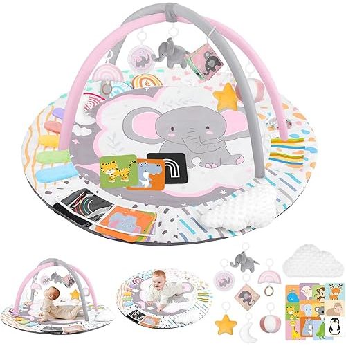 Baby Play Gym & Activity Mat, Tummy Time Mat with Tummy Time Pillow 7 Detachable Sensory Toys and Educational Cards for Motor Skills & Sensory Development, Baby Essentials Shower Gift, Pink Elephant