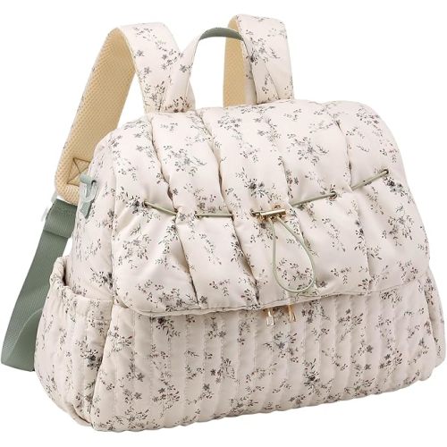YFGBCX Floral Quilted Diaper Bag Backpack for Mom Multi-Functional Travel Baby Bag with Stroller Straps Maternity Purse (Green)