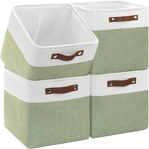 Collapsible Fabric Cube Storage Bins 11x11×11, Pack of 4 Closet Basket Boxes with PU Handles for Organizing Shelves, Toys, Clothes, Home, Office (White & Green)