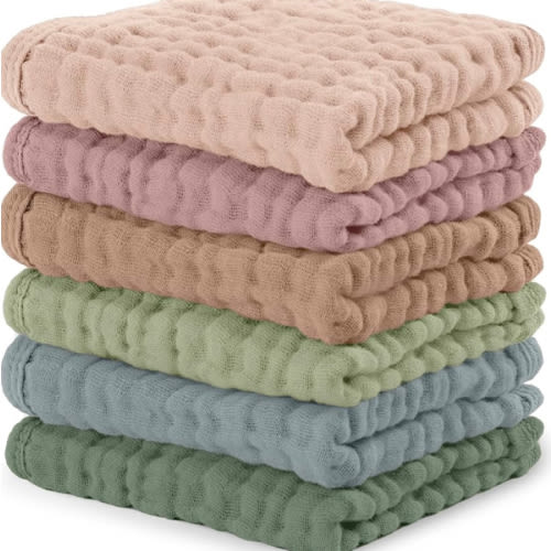 Comfy Cubs Muslin Baby Washcloths 6 Pack - Soft 6-Layer Cotton Wash Cloths for Sensitive Skin - 10"x10" Large, Gentle, Absorbent Infant Essentials for Newborn and Toddlers - Multicolor