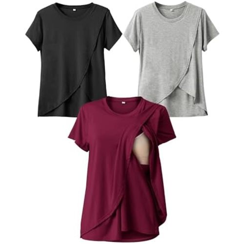Rnxrbb Summer Nursing Tops for Breastfeeding T Shirts Short Sleeve Postpartum Clothes Sets 3 Pack Double Layer