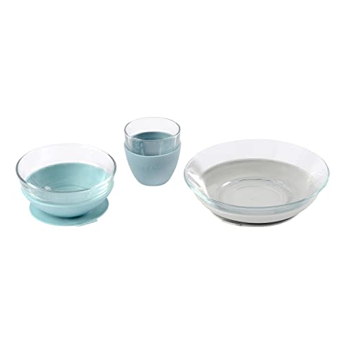 BEABA 3-Piece Suction Glass Set, Glass Bowl and Plate Set - Baby + Toddler Dinnerware Set for Baby Food, Baby Plate, Baby Bowl, Baby Cup, 2.5x Stronger than Reg Glass, (Rain)