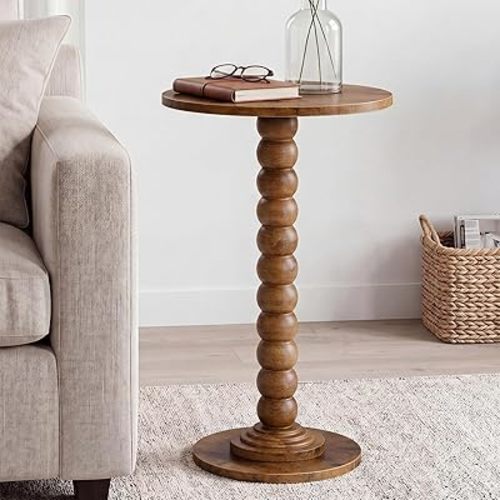 DUMOS Round Side Table, Modern Accent Living Room Stand with Solid Wood Leg, Small Drink Table for Bedroom, Corners and Office Brown