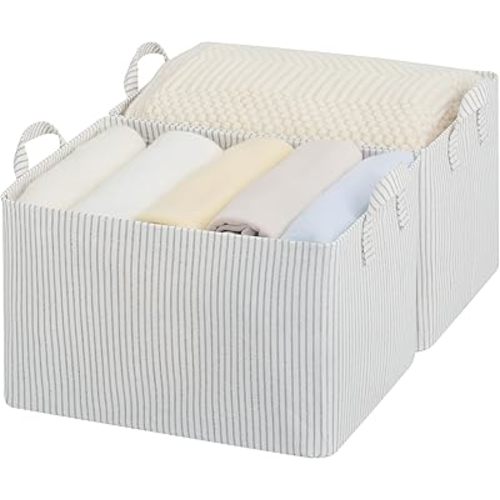 StorageWorks Storage Bins, Shelves Baskets for Organizing, Large Fabric Closet Organizers with Handles, Metal Frame, Gray and White Stripes, 2-Pack