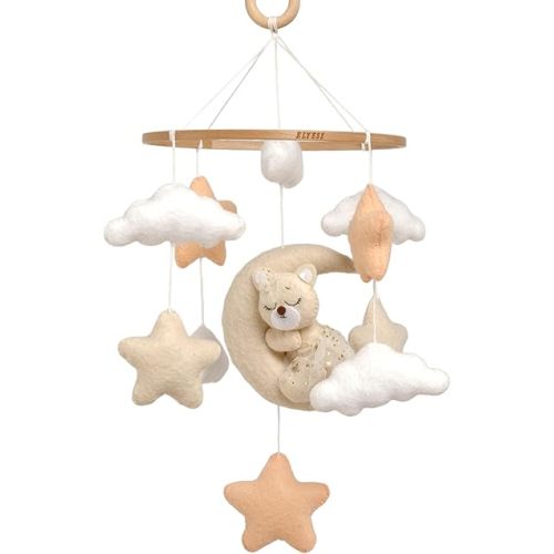 Crib Mobile for Girls, Sleeping Princess Bear Baby Mobile for Crib, Handmade Felt Crib Mobile, Baby Crib Mobile with Cloud and Stars, Nursery Baby Mobile for Bassinet (Princess)