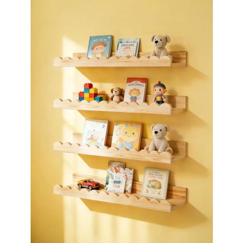 Scalloped Shelves for Nursery - Wall Book Shelves for Bedroom Kids, Nursery Bookshelf for Wall Set of 4, Floating Book Shelves Solid Wood,16 Inch, Natural
