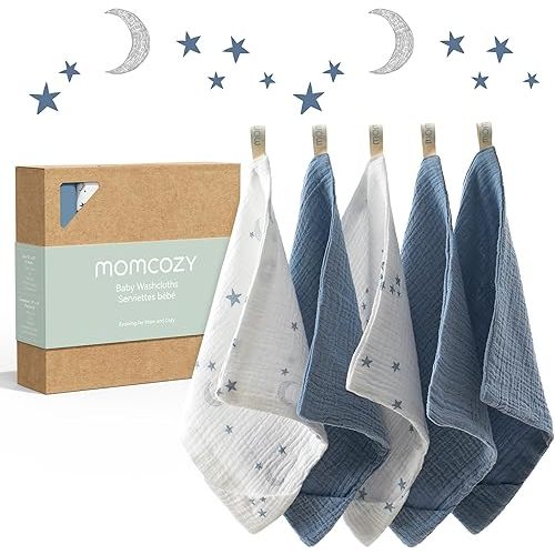 Momcozy Soft & Absorbent Baby Washcloths - 4 Layer Design| Medium Thickness| Premium Cotton for Newborns' Skin-Great for Bathing, Wiping & on-The-go Use, Shower Gift and Essential(5 Pack, 10x10 inch)