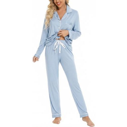 Leikar Button Up Pajama Set For Women Long Sleeve Shirt And Pajama Pants Soft Pjs Lounge Sets