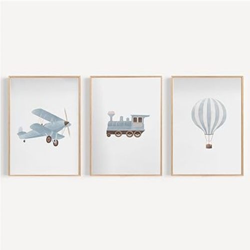 Blue Hot Air Balloon Plane Train Prints Wall Art Decor Vintage Travel Boy Nursery Wall Art Watercolor Toddler Art Blue Hot Air Balloon Plane Train Prints Bedroom Home Decor Nursery No Frame 12x16inch