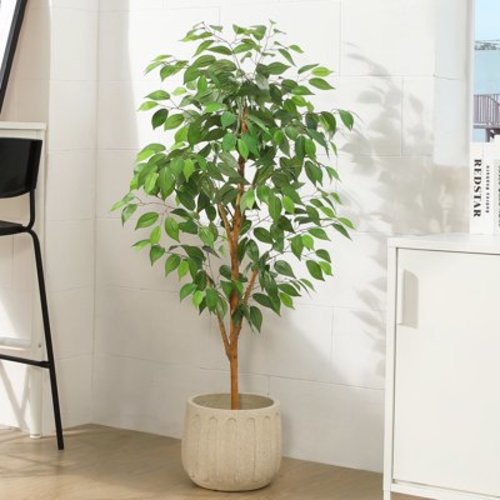 4FT Artificial Ficus Tree with Natural Wood Trunk and Lifelike Leaves, Silk Fake Potted Tree with Wood Branches, Faux Tree for Office Home Decor