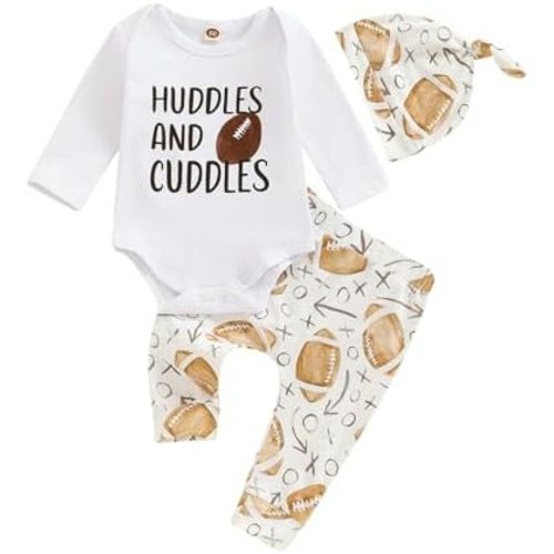 Newborn Baby Boy Football Outfit Rugby Long Sleeve Romper Bodysuit Elastic Pants Set Beanie Hat 4Pcs Fall Clothes