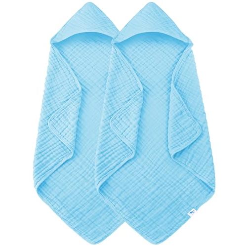 SWEET DOLPHIN Muslin Hooded Baby Bath Towels - 2 Pack 100% Cotton Towel for Babies, Infants, Toddlers - 32x32Inch - Highly Absorbent and Newborn Essential, Blue