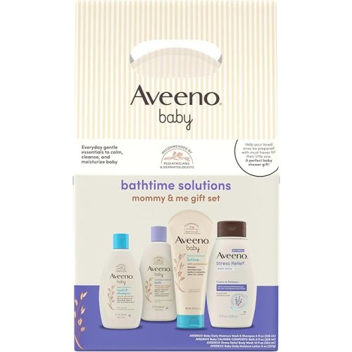Aveeno Baby Bathtime Solutions Mommy & Me Gift Set, Baby Wash & Shampoo, Calming Bath, Daily Moisturizing Lotion & Stress Relief Body Wash for Mom, Nourishing Oat, Registry Must Haves, 4 items
