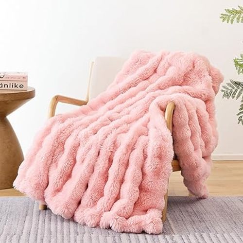 Smoofy Faux Fur Throw Blanket for Couch – Blush Pink Fluffy Cozy Rabbit Fleece, Plush Soft Bubble Blanket for Sofa & Bed, for Mom, Warm Fuzzy Home Room Decor Throw 50" x 60"