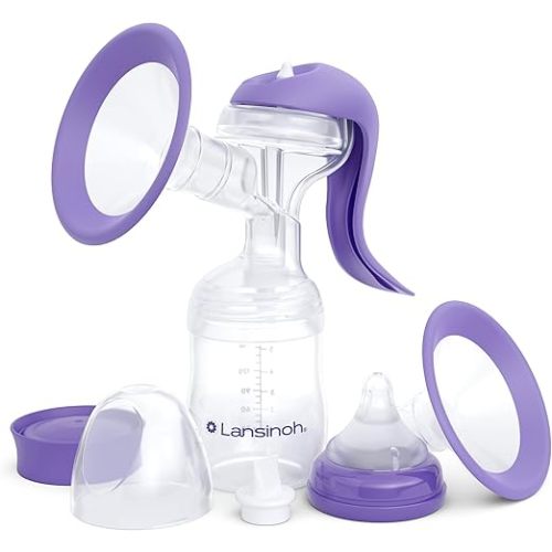 Lansinoh Manual Breast Pump, Hand Pump with Comfortable Flange, Includes 5oz Baby Bottle with Slow Flow Nipple, Breastfeeding Essentials
