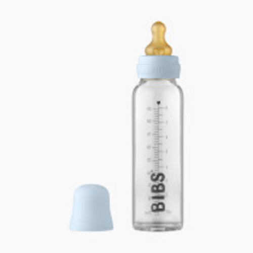 BIBS Baby Glass Bottle Complete Set with Natural Rubber Nipple - Baby Blue, 8 Oz
