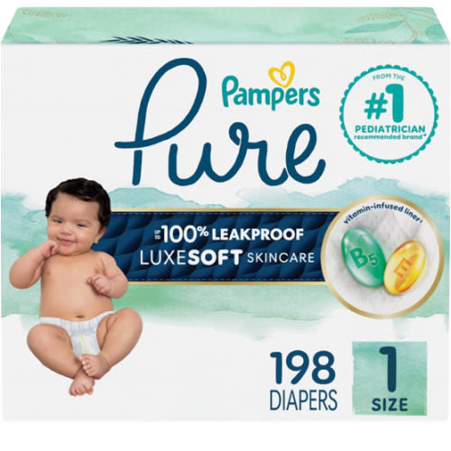 Pampers Pure Protection Baby Diapers, Size 1 (8-14 lbs), 198 Count, Up to 100% Leakproof, Premium Plant-Based Skin Protection, Hypoallergenic Soft Diapers
